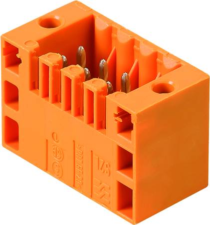 Ein orangefarbener, rechteckiger Steckverbinder mit mehreren Metallstiften, geeignet für elektrische Verbindungen.