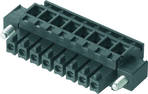Schwarze elektrische Anschlussklemme mit mehreren Steckplätzen und zwei Schrauben zur Befestigung.