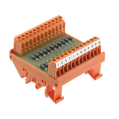 Elektronisches Steckmodul in Orange mit nummerierten Anschlüssen von 1 bis 12, oben und unten, zur Verdrahtung elektrischer Schaltkreise.