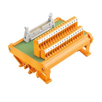 Klemmenblock mit orangefarbenem Gehäuse und nummerierten Anschlüssen, möglicherweise für elektrische Verdrahtung oder Schaltschrankmontage.