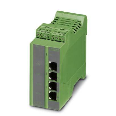 Ein grünes elektronisches Gerät im Gehäuse, möglicherweise ein Netzwerkswitch, mit mehreren Ethernet-Ports und Anschlussklemmen oben.