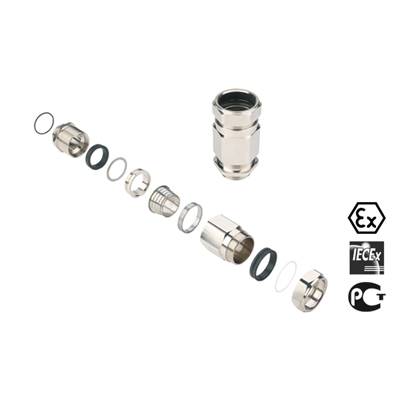 Explodierte Darstellung eines Kabelverschraubungssets aus Metall, einschließlich Dichtungen und Muttern. Ex-Zertifizierungssymbole rechts.