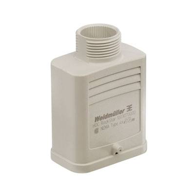 Graues Kunststoffgehäuse von Wieland Electric, rechteckige Form mit gerippten Seiten, Aufschrift 'Weldmüller', Anschluss oben.