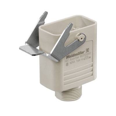 Ein rechteckiger, grauer elektrischer Steckverbinder mit Metallbügeln, markiert mit 'Weidmüller', geeignet für industrielle Anwendungen.