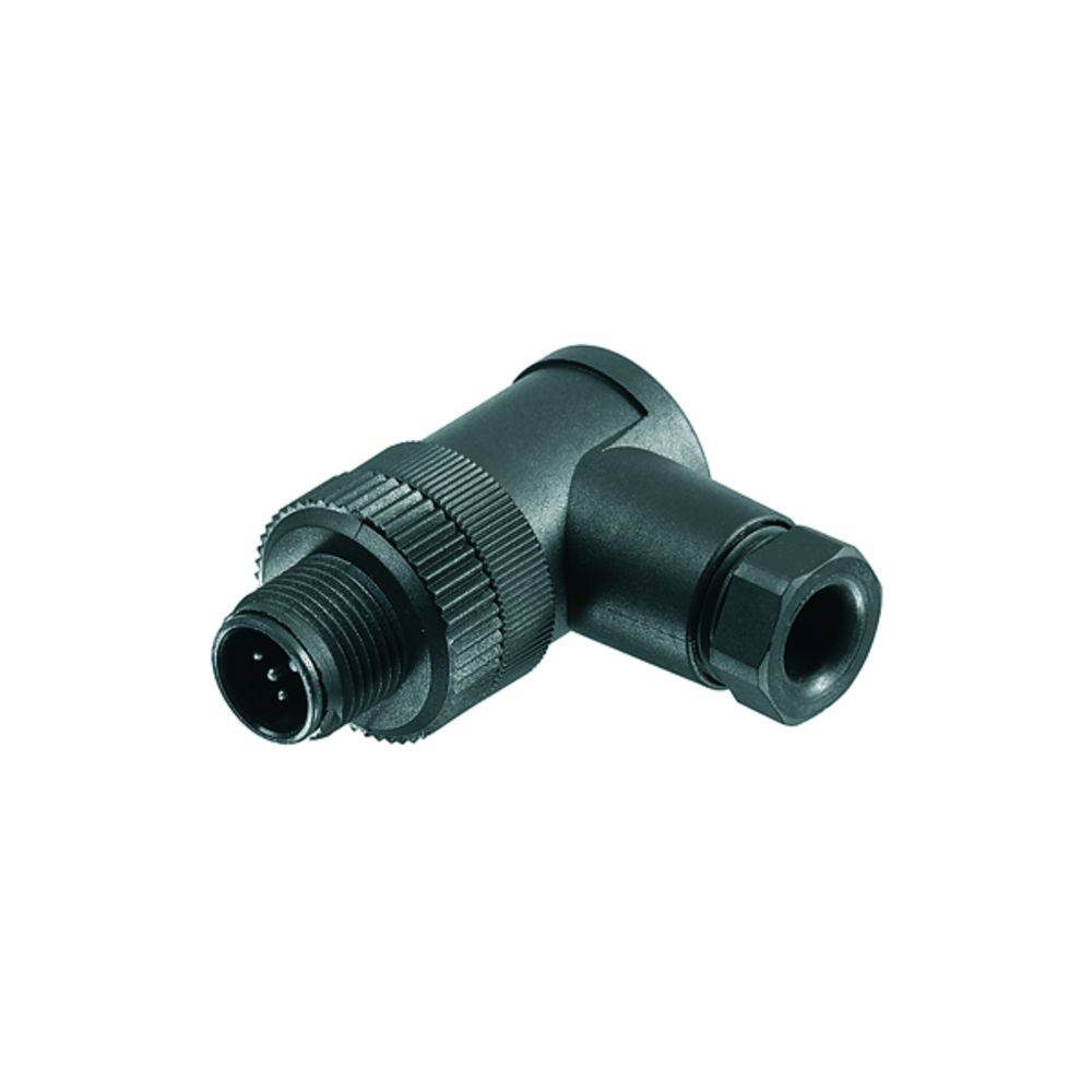 Ein schwarzer Winkelstecker mit vier Pins, verwendet in elektrischen Anschlüssen. Geeignet für industrielle Anwendungen.