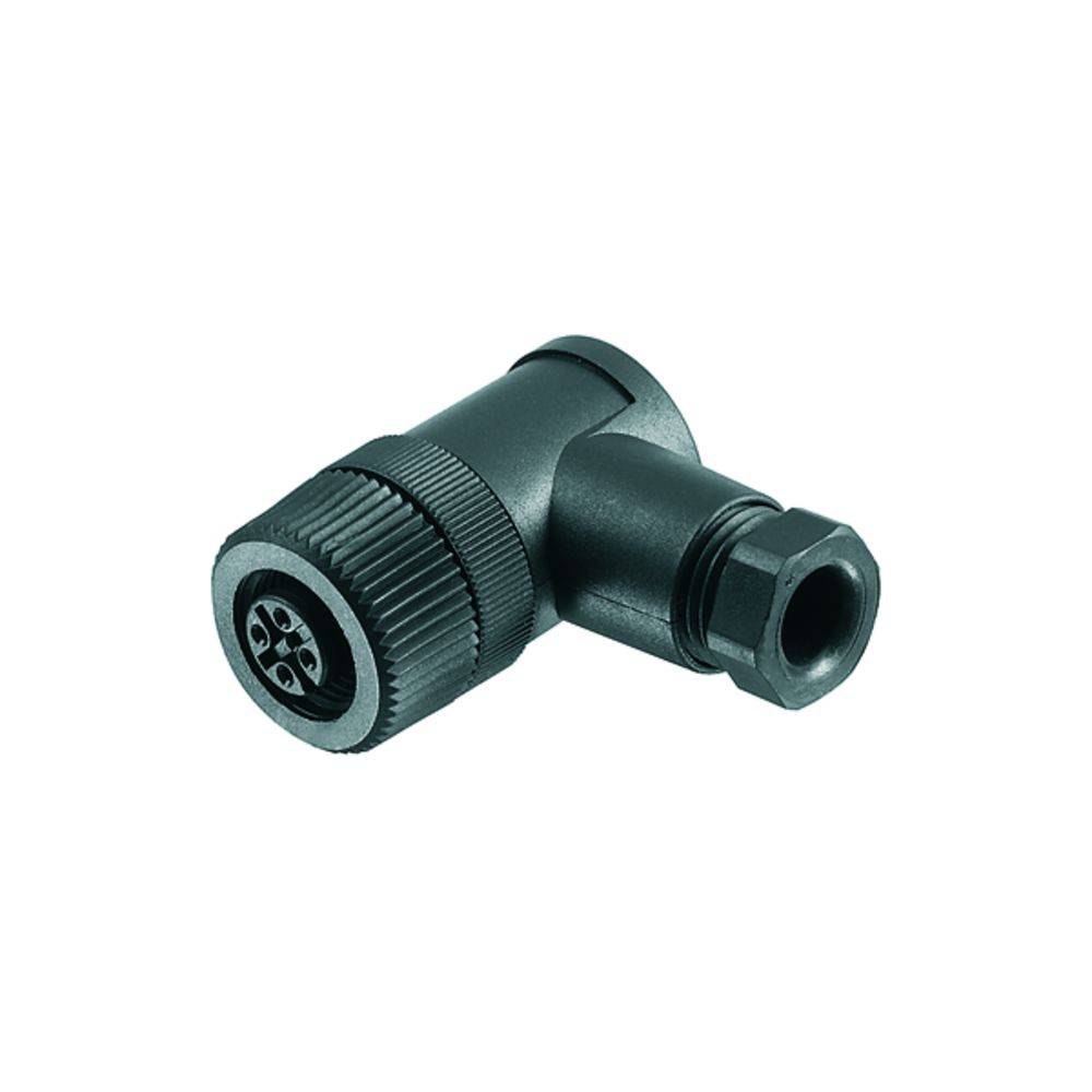 Ein schwarzer industrieller Winkelstecker mit mehreren Pins an der Vorderseite, typischerweise verwendet in elektrischen Verbindungen.