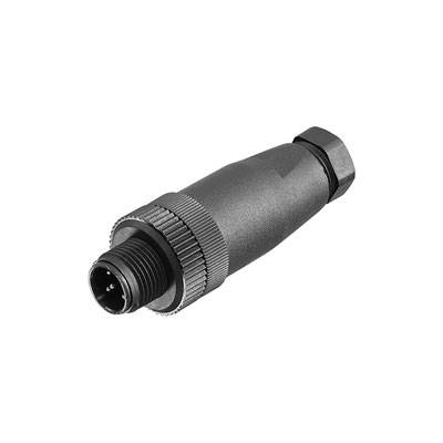 M12 Steckverbinder in Schwarz mit Schraubverschluss, zur Verbindung von elektrischen Geräten, zylindrische Form.