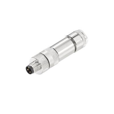Ein silberner, zylindrischer Steckverbinder mit drei Pins, geeignet für industrielle Anwendungen und elektronische Geräteanschlüsse.