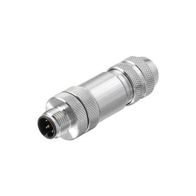 Ein metallischer, zylindrischer Stecker mit Schraubverbindung, geeignet für industrielle Elektronik- oder Kommunikationsanwendungen.