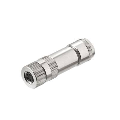Metallischer Steckverbinder mit geriffeltem Griff, zylindrischer Form und mehreren Anschlussöffnungen, isoliert auf weißem Hintergrund.