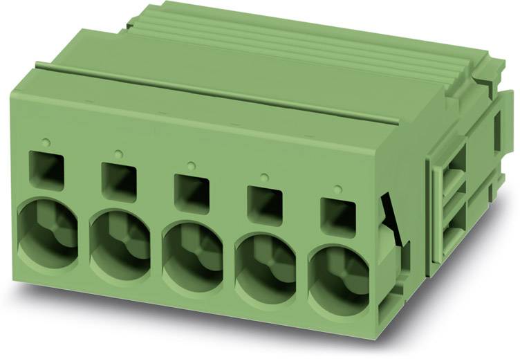 Ein grüner Steckverbinder, geeignet für elektrische Verdrahtung, mit fünf Anschlusspunkten, rechteckige Form.