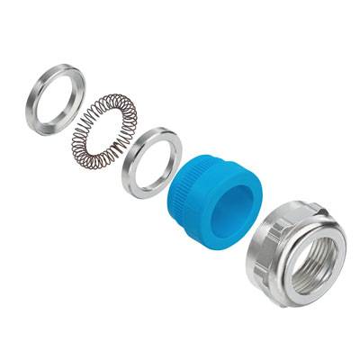 Explosionsdarstellung eines mehrteiligen Befestigungselements, bestehend aus Ringen, einer Feder und einer blauen Kappe.