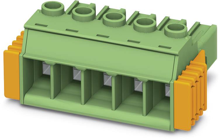 Grüner Anschlussblock mit fünf Steckplätzen und orangen Hebeln an den Seiten, dient zur elektrischen Verbindung in der Elektronik.