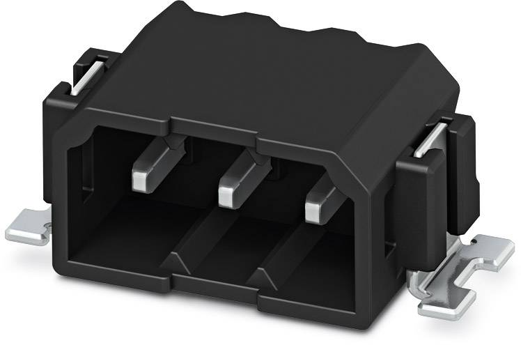 Schwarzer Steckverbinder mit mehreren Metallstiften und Halterungen an den Seiten, geeignet für elektronische Geräte.