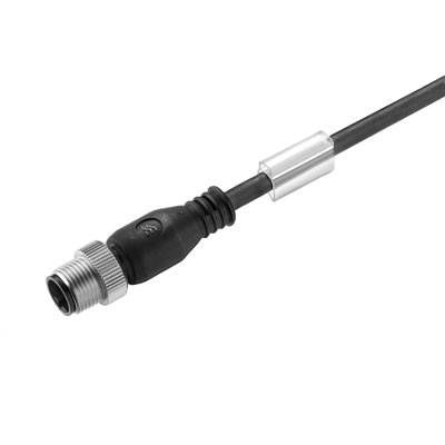 Schwarzes Kabel mit rundem Metallstecker und Kunststoffgehäuse, geeignet für industrielle Anwendungen und Sensorverbindungen.