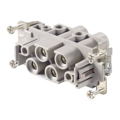 Elektrischer Steckverbinder mit drei runden Eingängen und Befestigungsschrauben, aus grauem Kunststoff hergestellt.