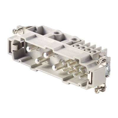 Ein mehrpoliger, rechteckiger elektrischer Steckverbinder mit grauem Gehäuse, mehreren Pins und Schraubbefestigungen an den Seiten.