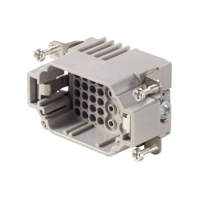 Grau-weißer elektrischer Steckverbinder mit mehreren Löchern und metallischen Verbindungen. Geeignet für industrielle Anwendungen.