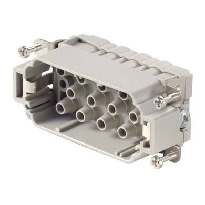 Grauer mehrpoliger elektrischer Steckverbinder mit mehreren Anschlussöffnungen, geeignet für industrielle Anwendungen.