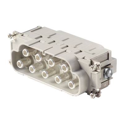 Ein grauer elektrischer Steckverbinder mit mehreren runden Anschlüssen, für industrielle Anwendungen, seitliche Schraubbefestigung.