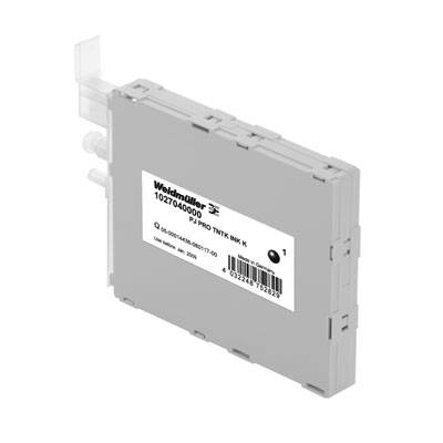 Eine graue Tintenkartusche mit der Aufschrift 'Weidmüller 1027400000'. Auf der Kartusche befindet sich ein Barcode und Text.