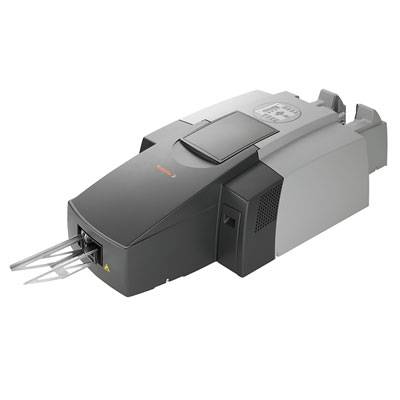 Ein grauer Drucker mit einer Papierausgabevorrichtung an der Vorderseite.
