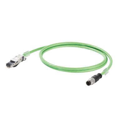 Ein grünes Ethernet-Kabel mit RJ45-Stecker auf der linken Seite und einem M12-Stecker auf der rechten Seite.