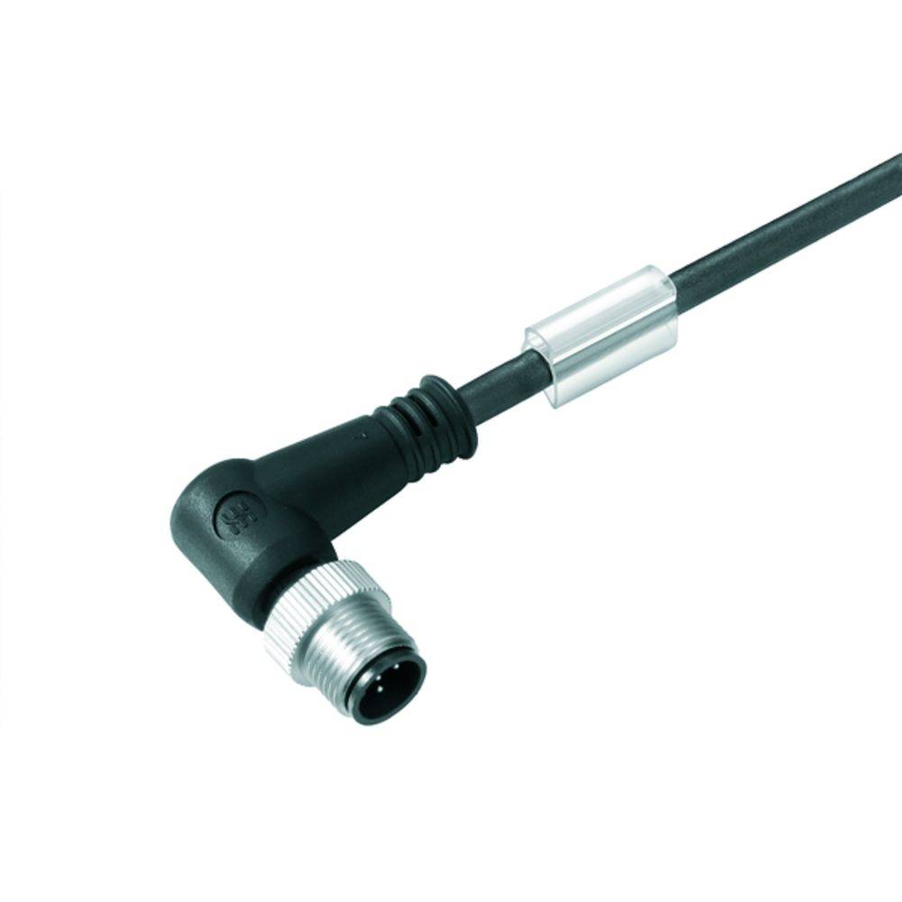 Schwarzes, abgewinkeltes Kabel mit silbernem Anschluss. Eignet sich für industrielle oder elektronische Anwendungen.