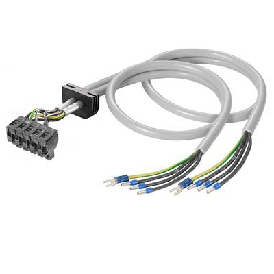 Das Bild zeigt ein Set von elektrischen Kabeln mit Gabelkabelschuhen an einem Ende und einem mehradrigen Stecker am anderen Ende.