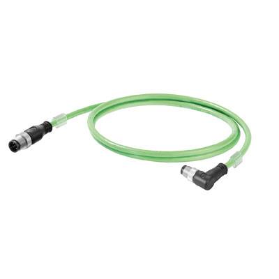 Ein grünes Ethernet-Kabel mit Standardanschluss auf der einen Seite und rechtwinkligem Anschluss auf der anderen Seite.