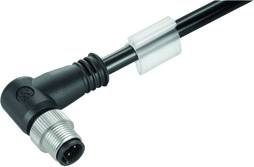 Schwarzes elektrisches Kabel mit rechtwinkligem Stecker und Metallgewinde, geeignet für industrielle Anwendungen.