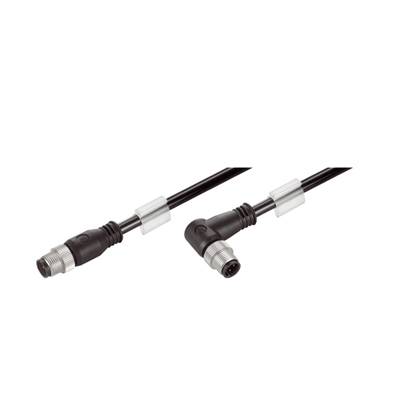 Ein schwarzes Kabel mit zwei Steckverbindern: ein gerader und ein gewinkelter Stecker. Geeignet für industrielle Anwendungen.
