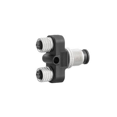 Ein T-förmiger Metall-Adapter mit zwei Buchsen und einem Stecker, geeignet für die Verbindung mehrerer Kabel in elektronischen Anwendungen.
