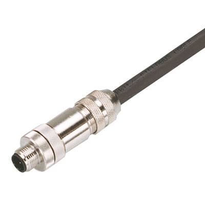 Ein Metallstecker an einem schwarzen Kabel. Der Stecker hat eine zylindrische Form und ist mit einem Schraubmuster versehen.