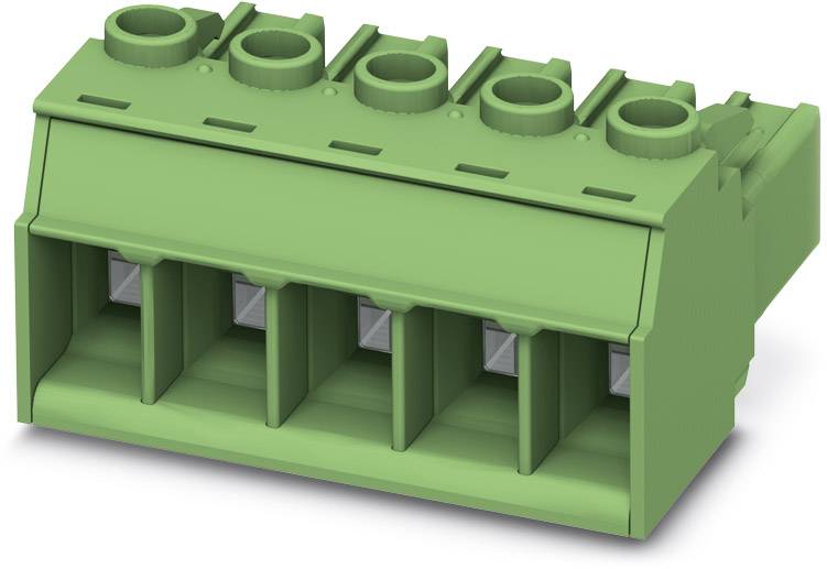 Grüner elektrischer Steckverbinder mit fünf Anschlüssen, rechteckige Form, seitlich geneigt dargestellt.