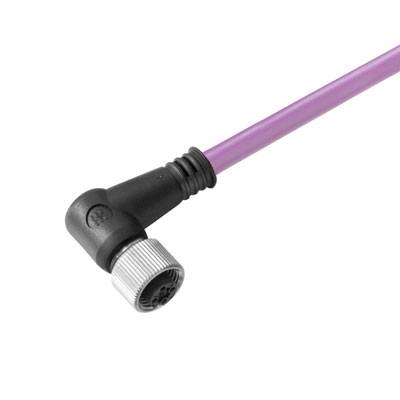 Ein lila Kabel mit einem abgewinkelten Stecker, das eine zylindrische Verbindung aufweist. Einsetzbar für elektronische Geräte.