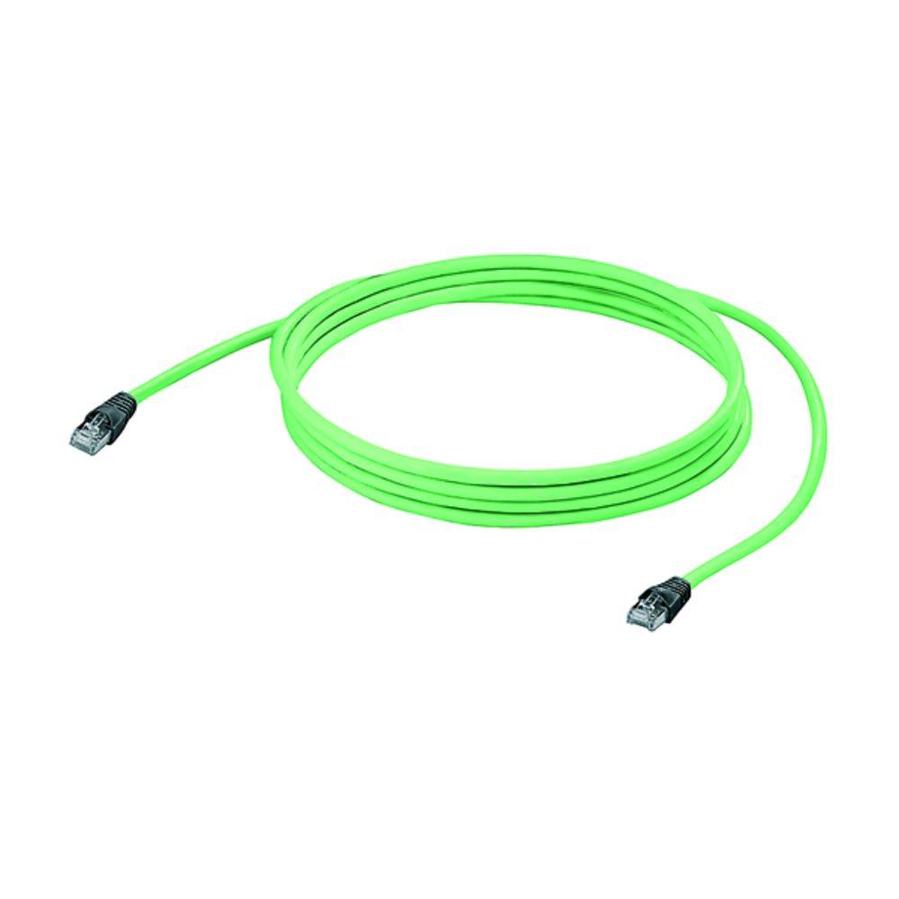 Ein grünes Netzwerkkabel mit Steckern an beiden Enden, das für die Verbindung elektronischer Geräte verwendet wird.