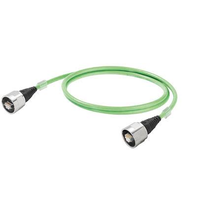 Ein grünes Koaxialkabel mit zwei silbernen Steckverbindern an den Enden, geeignet für Datenübertragung oder Antennenanschluss.