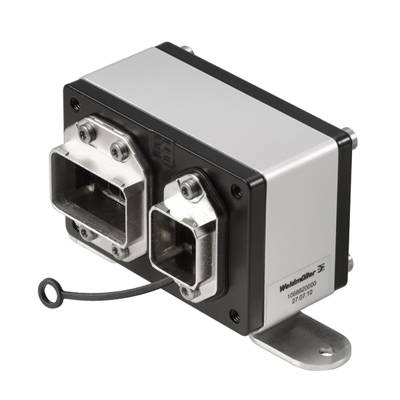 Ein rechteckiger Industriesteckverbinder mit zwei Steckplätzen und einem Abdeckdeckel, geeignet für robuste industrielle Anwendungen.