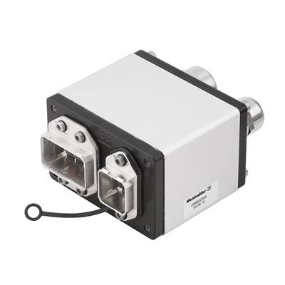 Ein weißes und schwarzes elektronisches Gerät mit zwei großen Steckverbindungen und einer Schutzkappe, wahrscheinlich für industrielle Anwendungen.