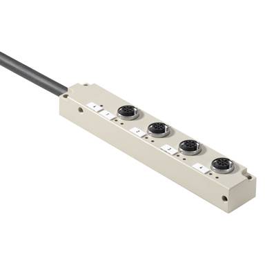 Ein rechteckiger Verteilerblock mit fünf runden Steckanschlüssen, verbunden durch ein Kabel. Geeignet für industrielle Anwendungen.