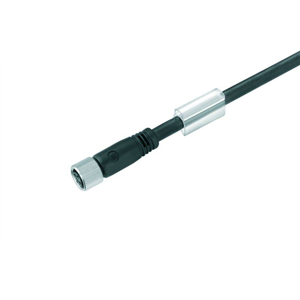 Ein schwarzes, flexibles Kabel mit einem runden Stecker wird auf weißem Hintergrund gezeigt.