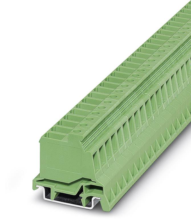 Grüner elektrischer Tragschienenklemmenblock mit Steckklemmenanschluss, geeignet für industrielle Anwendungen.