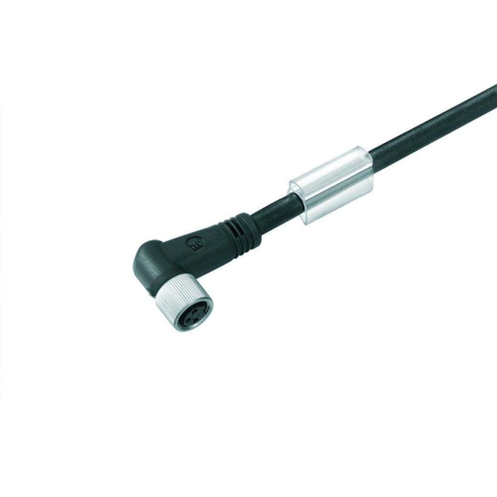 Schwarzes elektrisches Kabel mit abgewinkeltem Stecker, geeignet für audiovisuelle oder IT-Geräte.