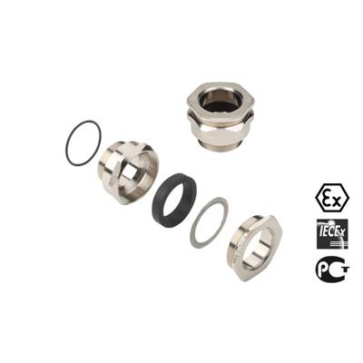 Explodierte Ansicht eines Kabelverschraubungssystems mit sechs Metall- und Gummiteilen. Zertifizierungslogos: Ex, IECEx, EAC.