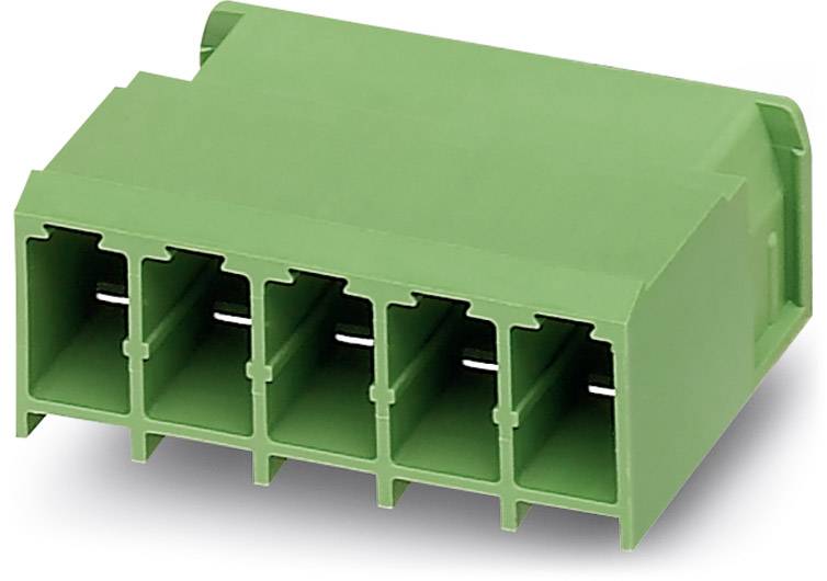 Grüner Kunststoffstecker mit fünf rechteckigen Anschlussbuchsen, geeignet für elektrische Verbindungen in Geräten oder Schaltungen.