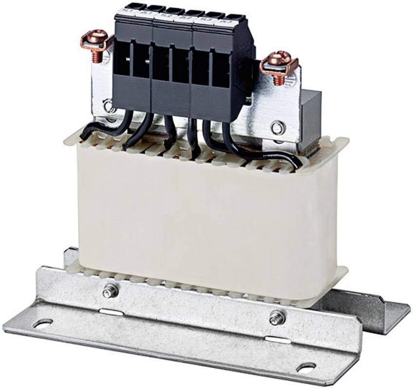 Ein elektrischer Transformator mit mehreren Kabelverbindungen an der Oberseite, montiert auf einer Metallhalterung.