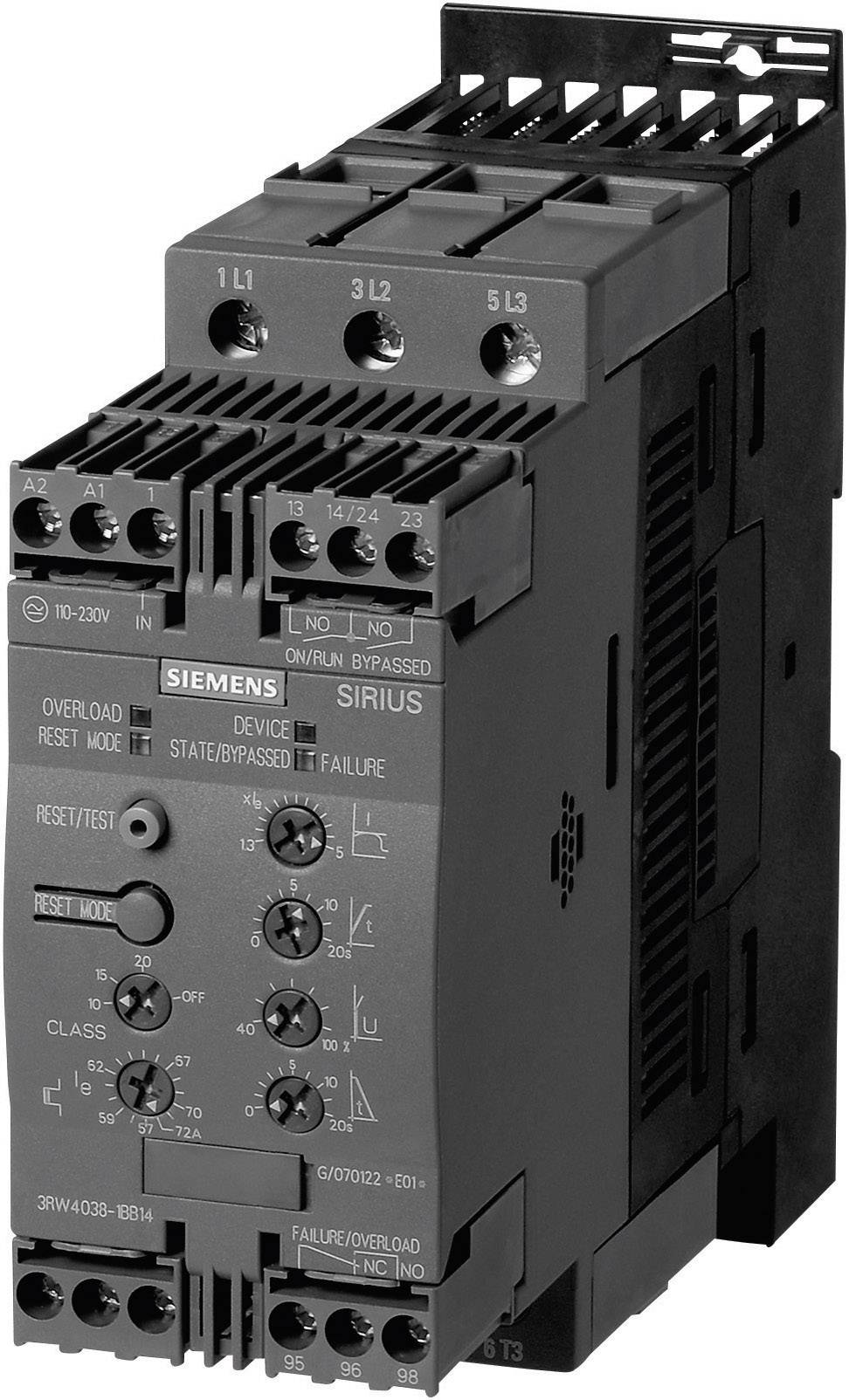Schwarzes, kastenförmiges elektrotechnisches Gerät mit Knöpfen und Anschlüssen, beschriftet mit 'SIEMENS SIRIUS', für Steuerungsanwendungen.