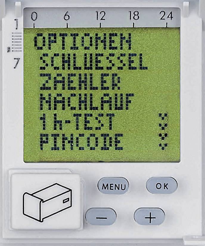 Ein kleines digitales Display zeigt Menüpunkte: 'Optionen, Schlüssel, Zähler, Nachlauf, 1 k-Test, PIN-Code' mit Pfeilsymbolen rechts.
