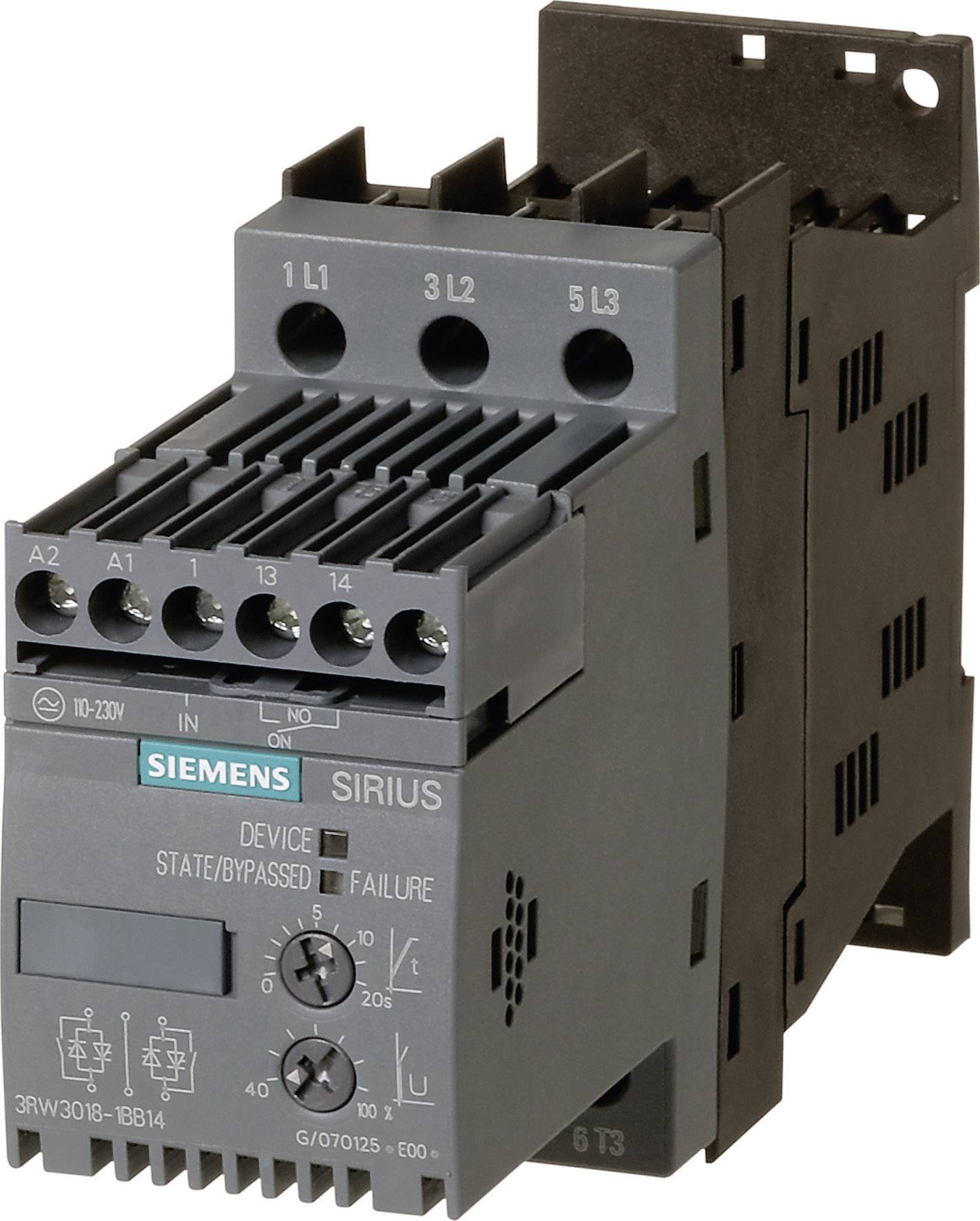 'Schütz' von Siemens, Modell SIRIUS 3RW3016-1BB14. Elektrisches Bauteil für Steuerungssysteme. Schwarzes Gehäuse mit Anschlussklemmen.